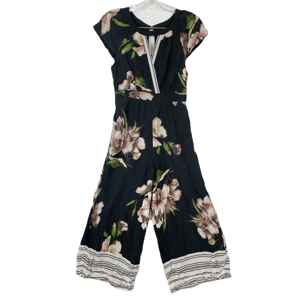 Maeve Women 0 Petite Jumpsuit Floral Wide Leg Cropped Black Drapey Bohemian Chic